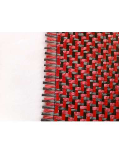 Tejido de fibra de carbono-kevlar (Rojo) Sarga 2x2 3K peso 200gr/m2 ancho 1200 mm.