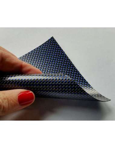 Commercial sample flexible carbon fiber sheet with colored silk (Color Black and Blue) - 50x50 mm.