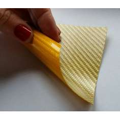 Lâmina flexível de fibra de vidro de amostra comercial 1K Sarja 2x2 (cor amarelo-ouro) - 50x50 mm.