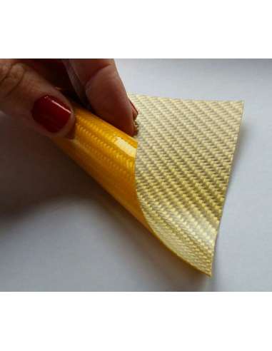 Commercial sample glass fiber flexible blade 1K Twill 2x2 (Yellow-gold color) - 50x50 mm.