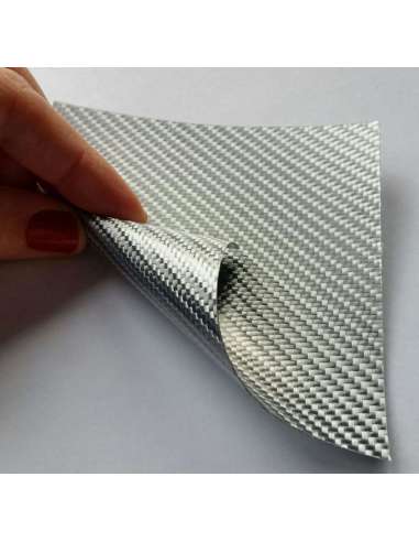 Muestra comercial lámina flexible de fibra de vidrio Sarga (Color Plata) - 50x50 mm.