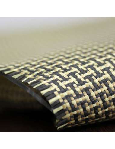 Amostra comercial de tecido de fibra de kevlar-Carbono Tafetá 5x4 3K peso 165gr/m2 - 250mm x 200mm.