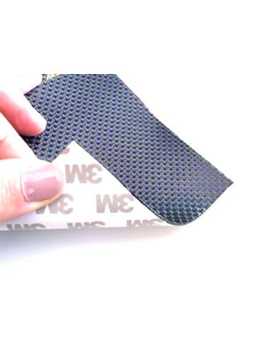 Commercial sample flexible carbon fiber sheet with colored silk (Color Black and Blue) with 3M adhesive - 50x50 mm.