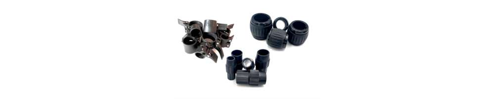 Clamps of different materials to join tubes. They allow the assembly of telescopic and / or modular tubes.